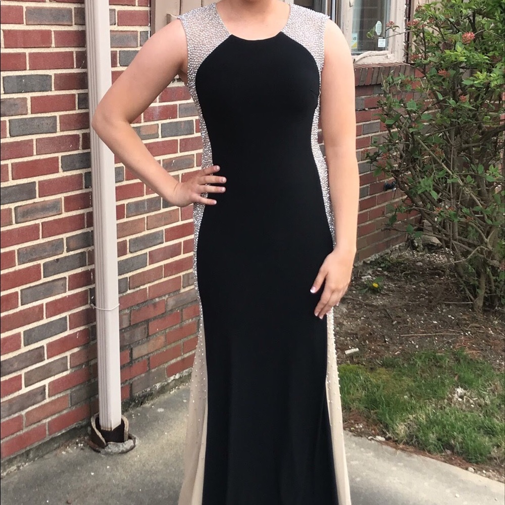 Fitted Black and Gold Beaded Mesh Prom Dress